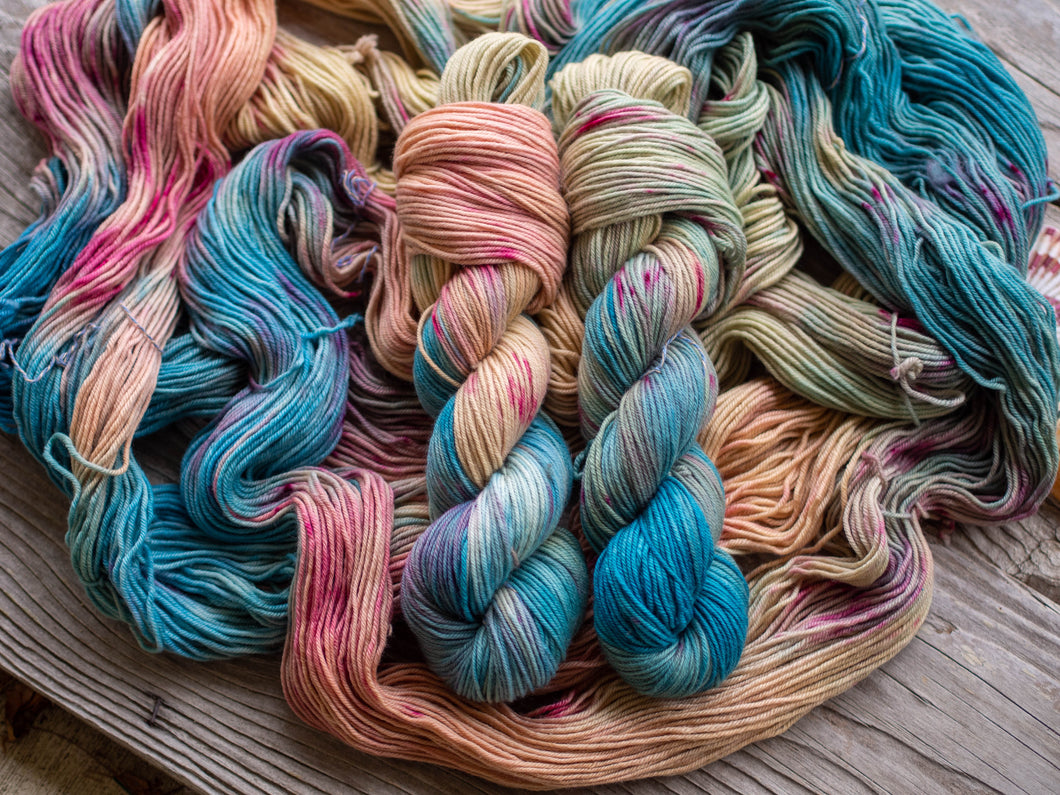 Saxon Blue, Rhubarb, Cochineal and Cutch Naturally Dyed DK