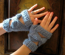 Load image into Gallery viewer, Bow Tie Wristers Fingerless Mitt Knitting Pattern Worsted
